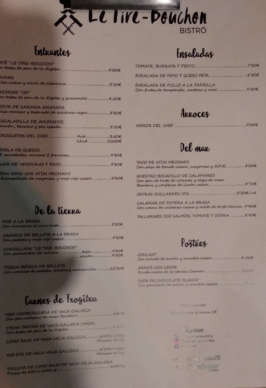 Folleto / Carta / Menú: Carta de Le Tire-Bouchon
