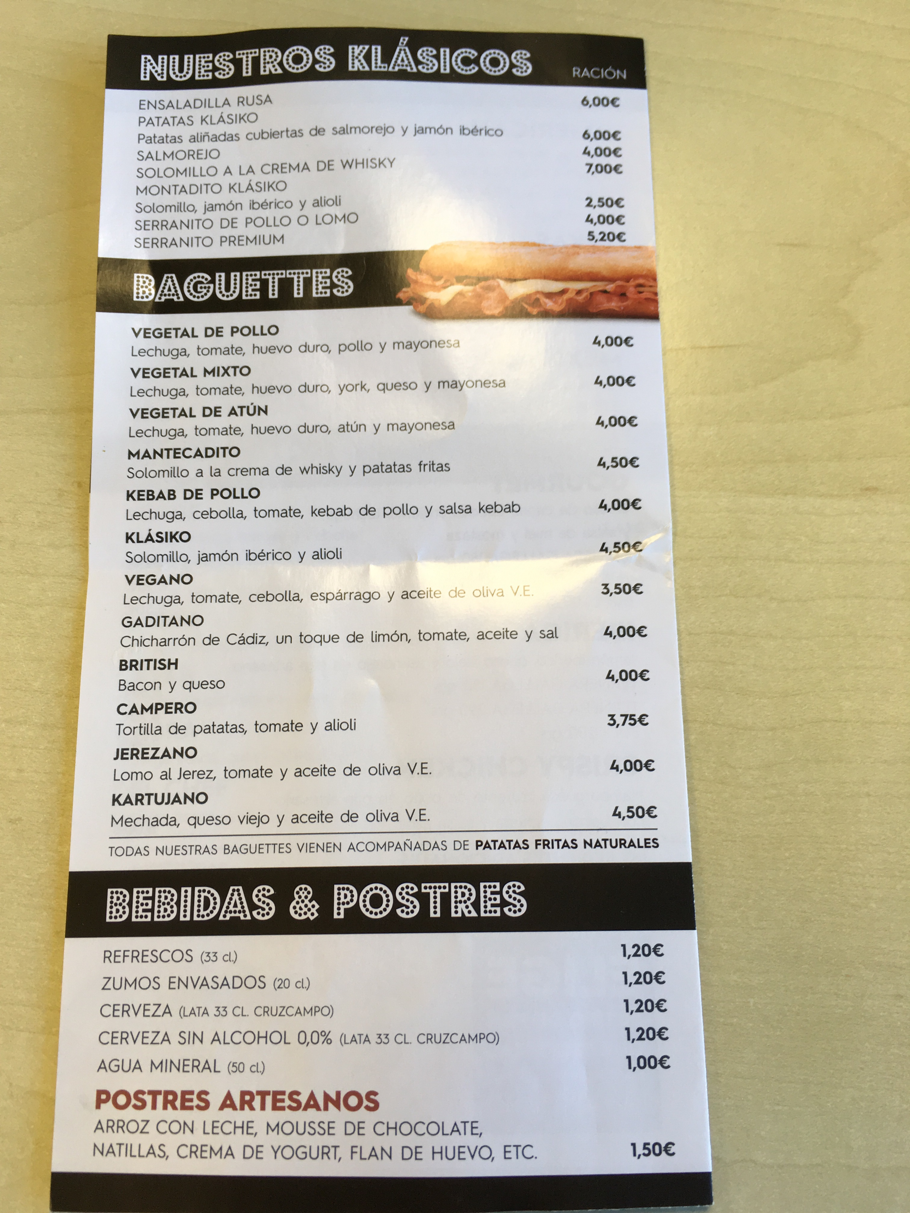 Folleto / Carta / Menú: Carta - Nuestros klasikos - Baguettes - Bebidas de Klasiko Cartuja