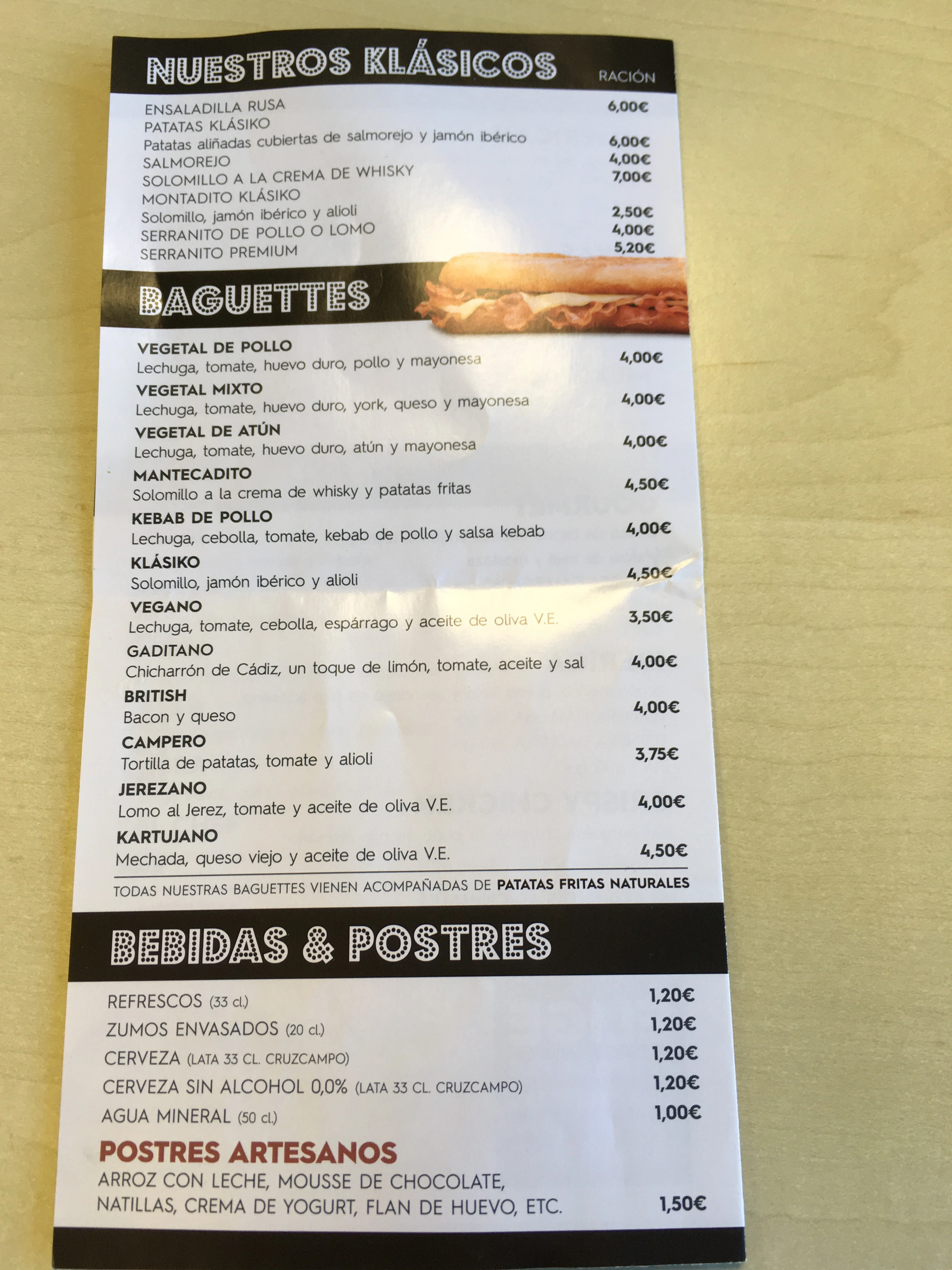 Folleto / Carta / Menú: Carta - Nuestros klasikos - Baguettes - Bebidas de Klasiko Cartuja