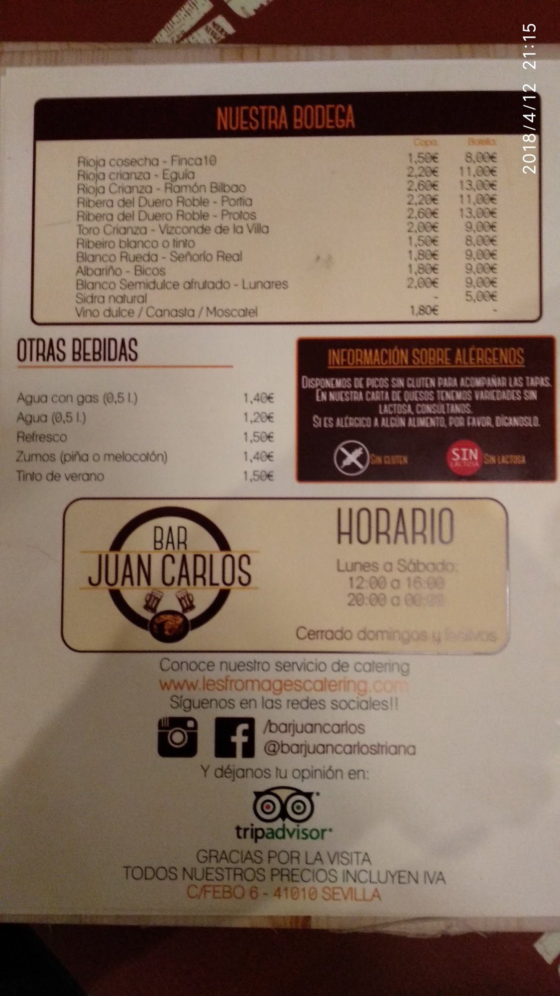 Folleto / Carta / Menú: Bodega y bebidas de Bar Juan Carlos