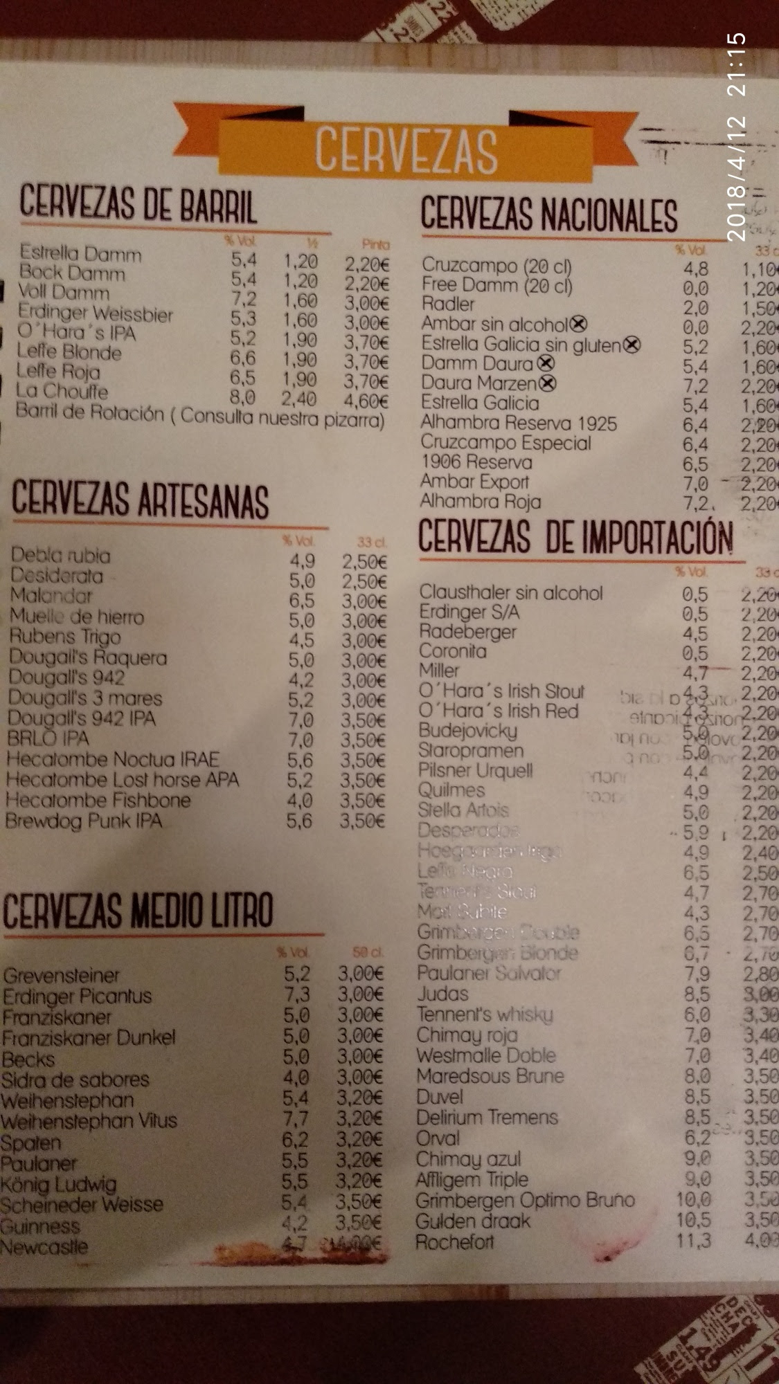 Folleto / Carta / Menú: Cervezas de Bar Juan Carlos