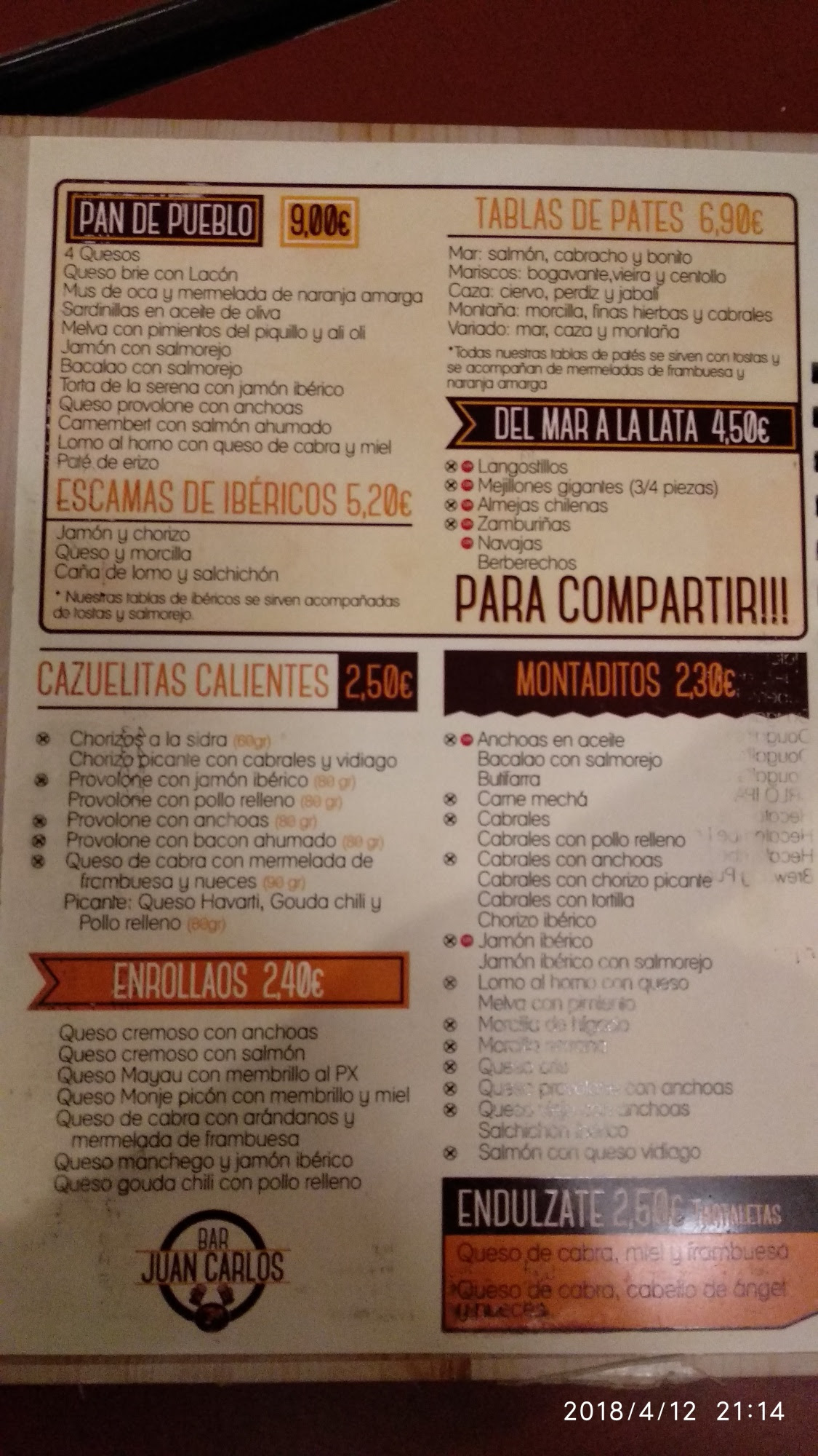 Folleto / Carta / Menú: Comida de Bar Juan Carlos