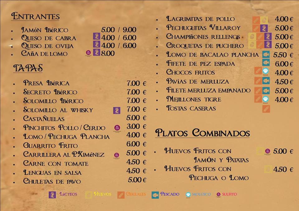 Folleto / Carta / Menú: Entrantes, tapas y platos combinados de Bar el Paso