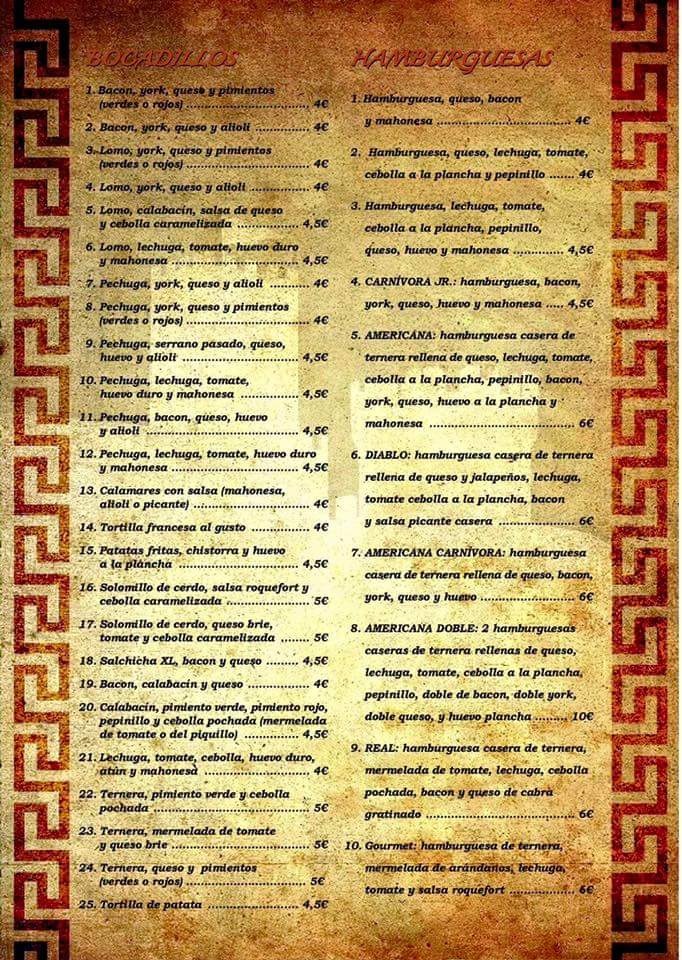Folleto / Carta / Menú: Bocadillos y hamburguesas de El Reyno Corella