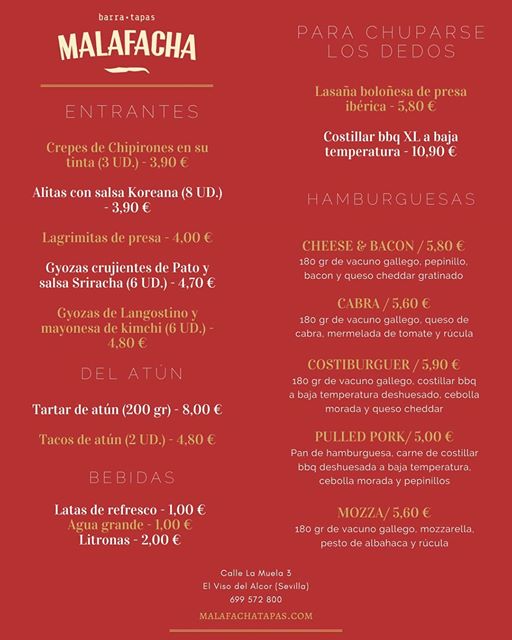 Folleto / Carta / Menú: Carta de Malafacha tapas