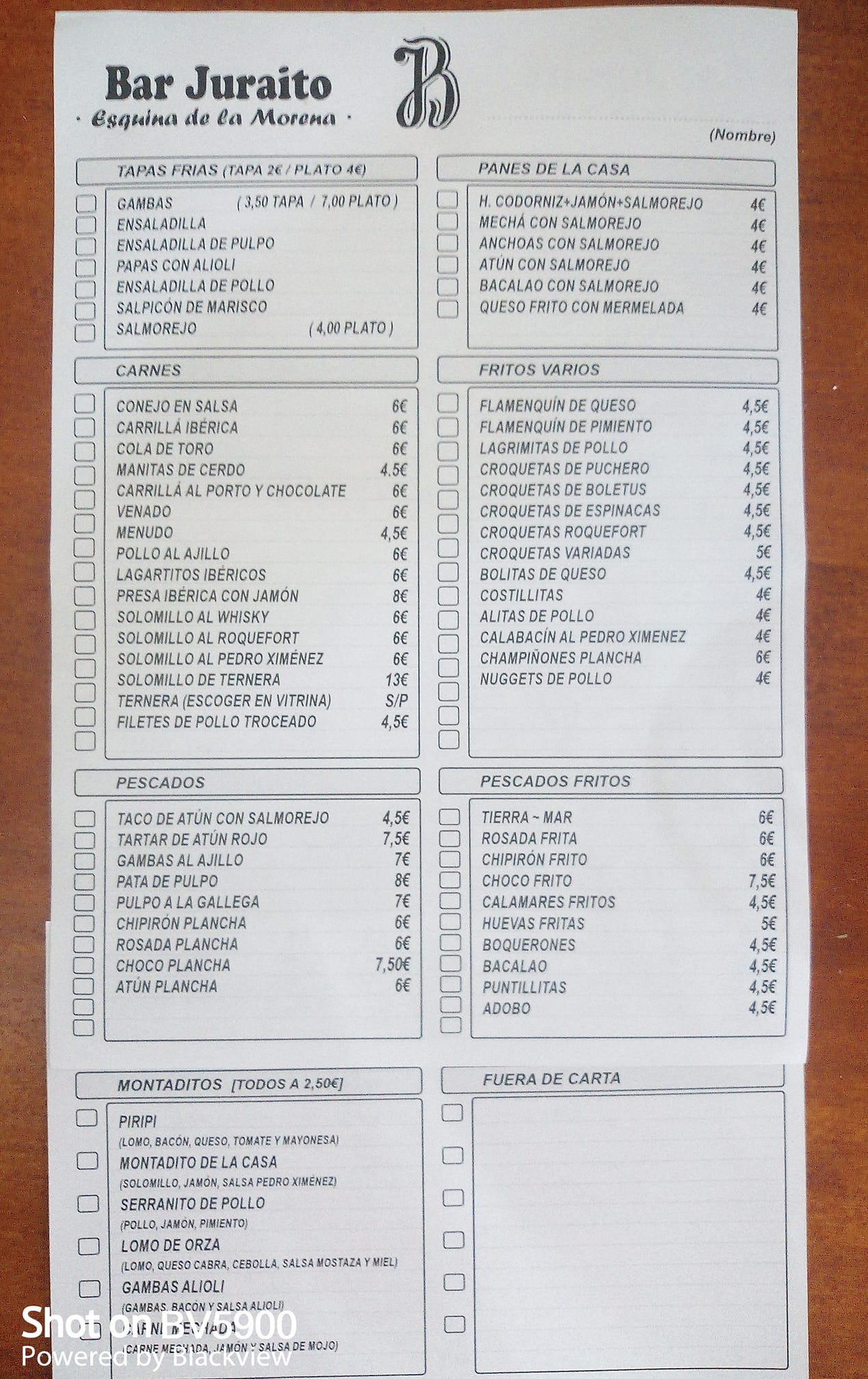 Folleto / Carta / Menú: Carta de Cervecería Juraito