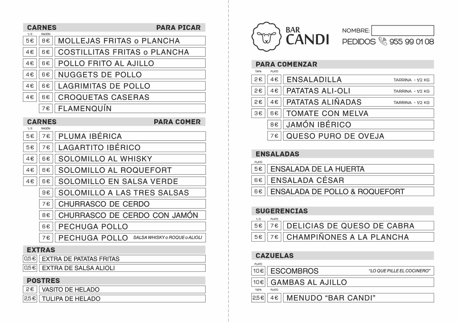 Folleto / Carta / Menú: Carta 1 de Bar candi