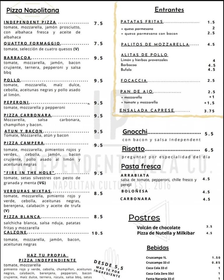 Folleto / Carta / Menú: Carta de Independent Pizza Company