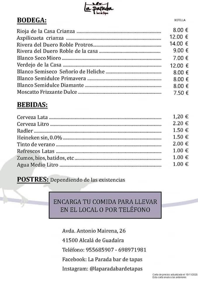 Folleto / Carta / Menú: Carta 2 de Bar la parada