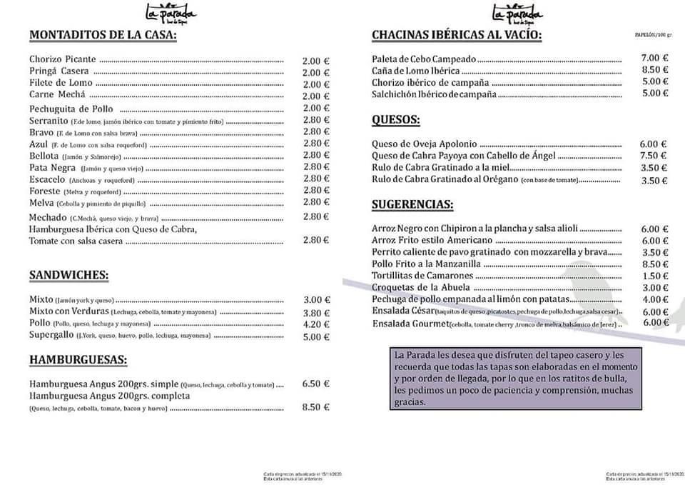 Folleto / Carta / Menú: Carta 3 de Bar la parada