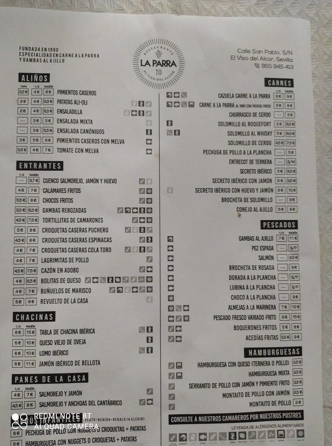 Folleto / Carta / Menú: Carta de Restaurante la parra