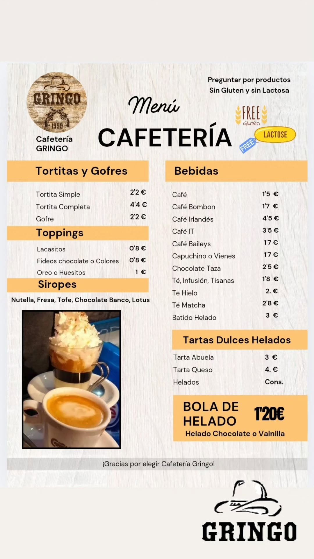 Folleto / Carta / Menú: cafeteria de Cervecería Gringo Tapas