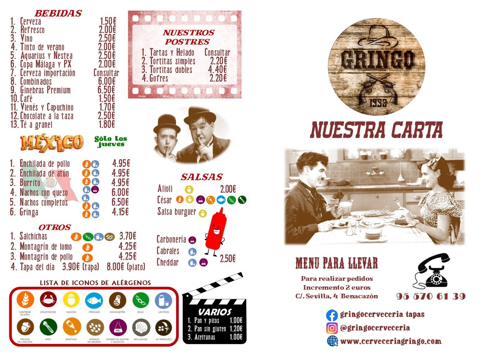 Folleto / Carta / Menú: carta 1 de Cervecería Gringo Tapas