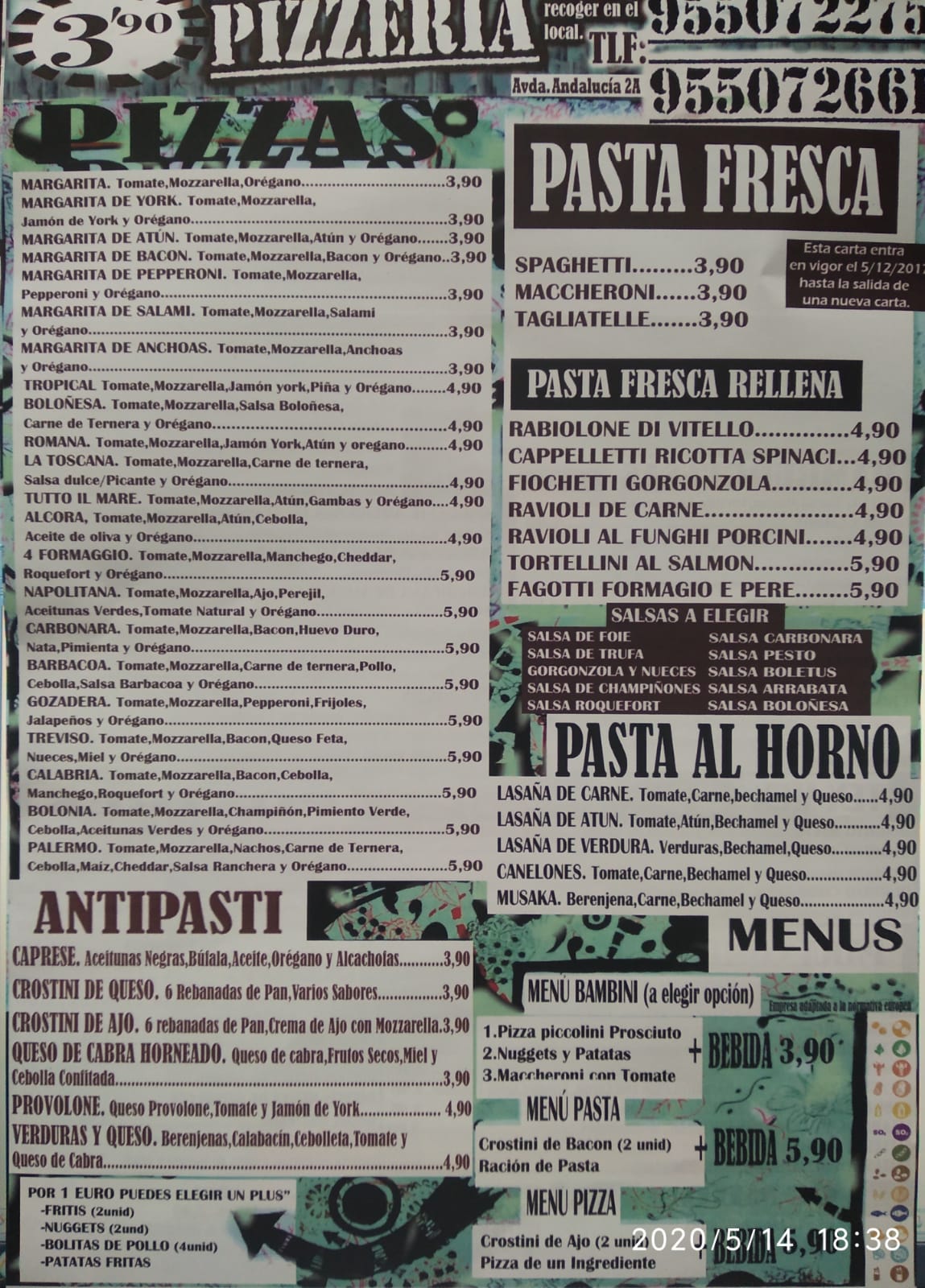 Folleto / Carta / Menú: Carta mesas 1 de Pizzeria 3,9