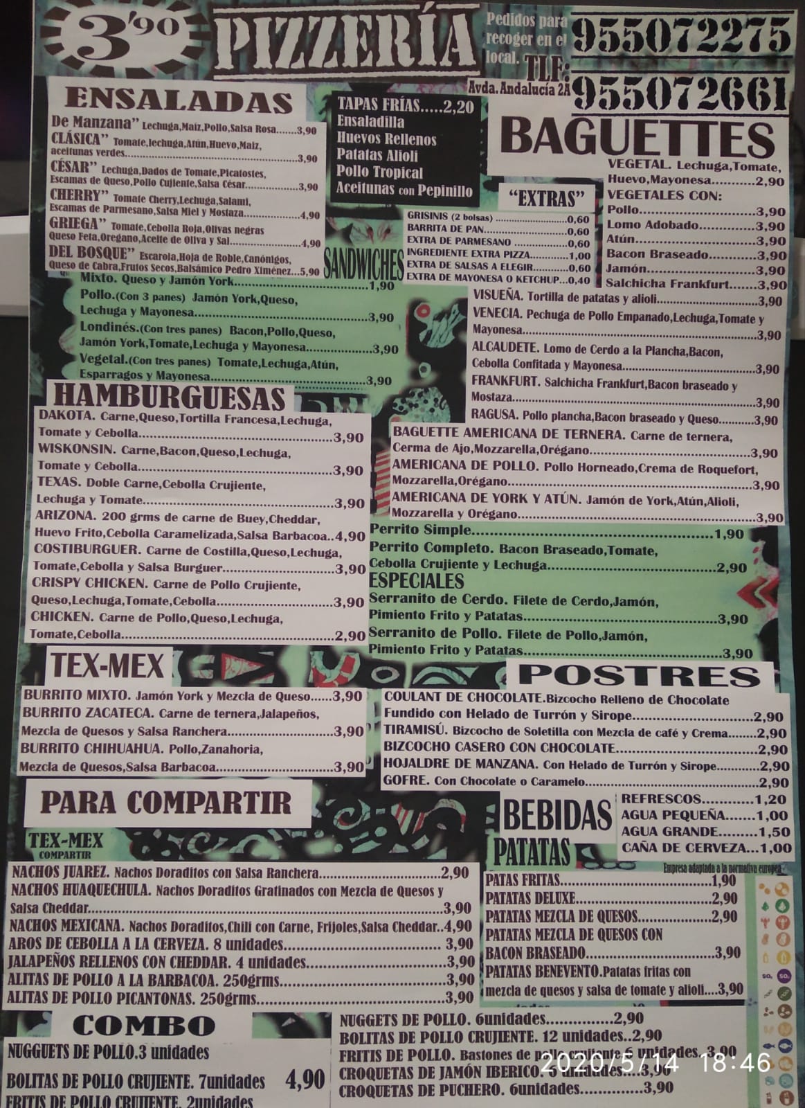 Folleto / Carta / Menú: Carta mesas 2 de Pizzeria 3,9