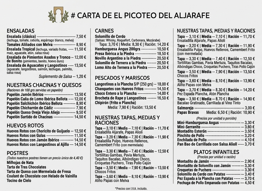 Folleto / Carta / Menú: carta 1 de Bar El Picoteo del Aljarafe