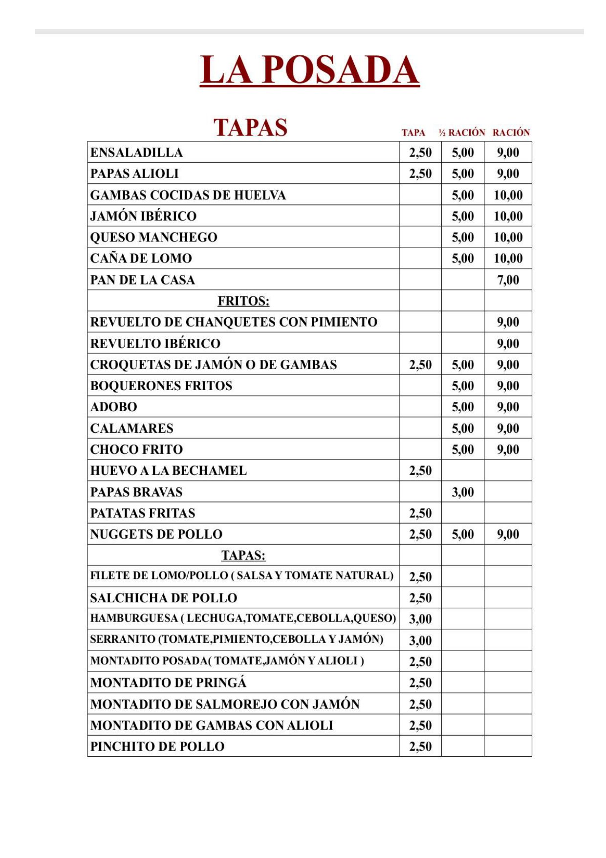 Folleto / Carta / Menú: carta 2 de Bar La Posada