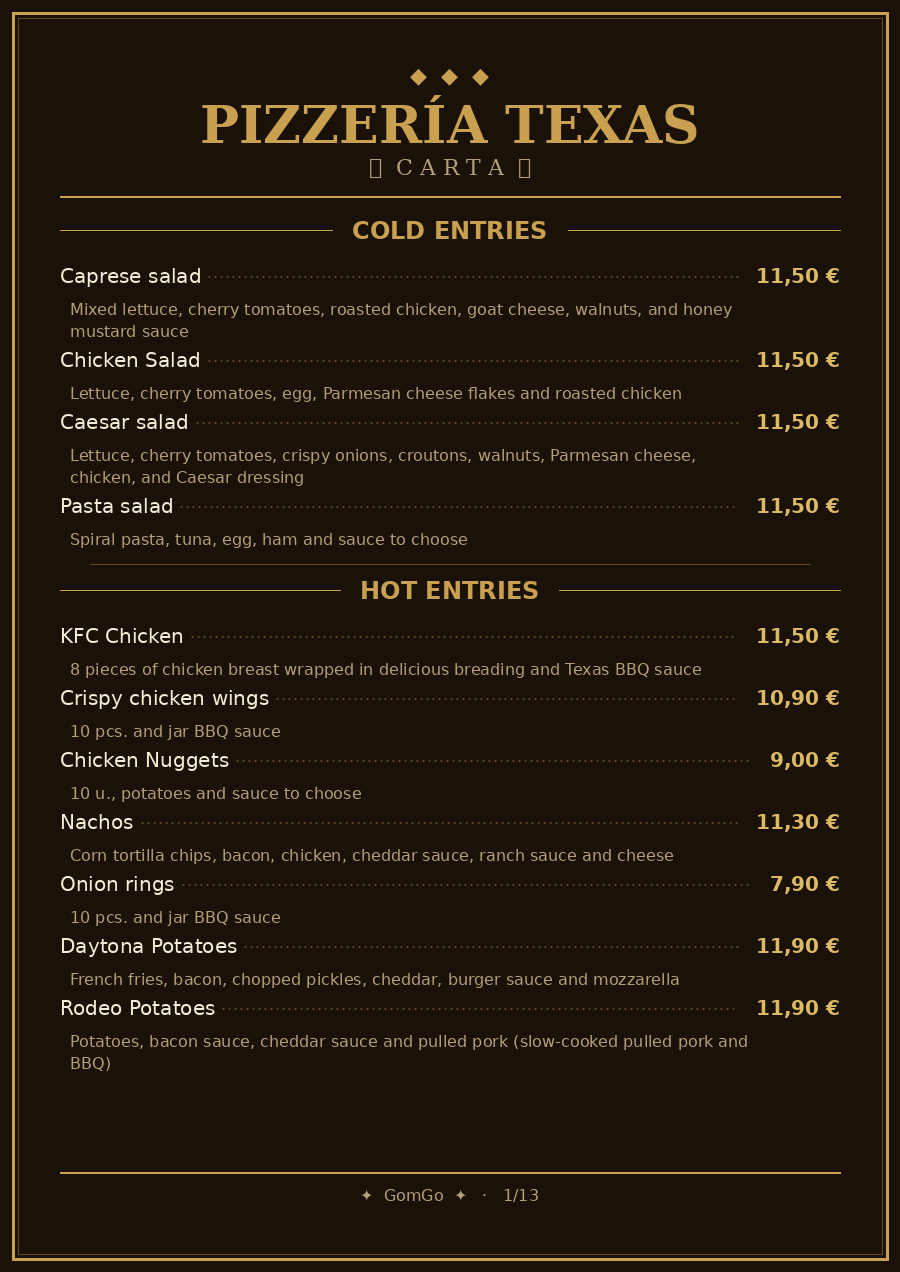 Folleto / Carta / Menú: Entrantes de Pizzería Texas