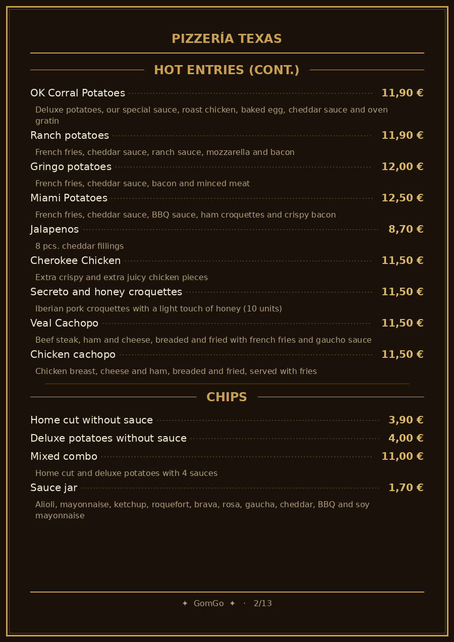 Folleto / Carta / Menú: Patatas de Pizzería Texas
