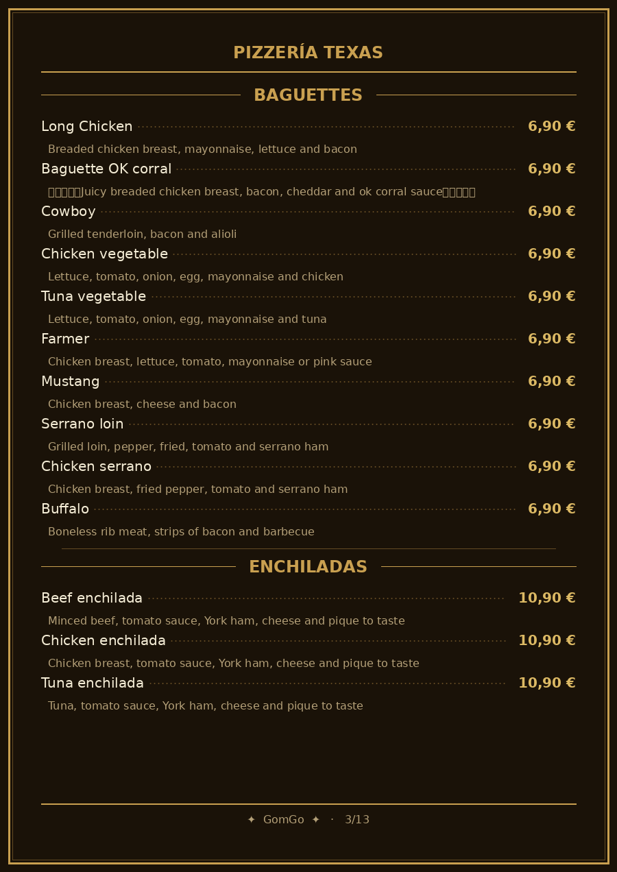 Folleto / Carta / Menú: Baguettes y enchiladas de Pizzería Texas