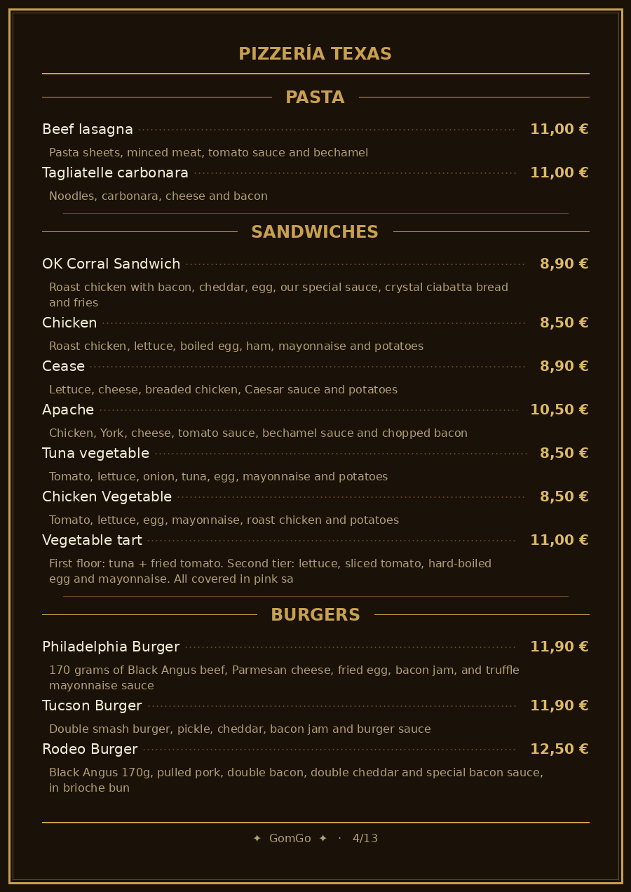 Folleto / Carta / Menú: Pasta, sandwiches y burguers de Pizzería Texas