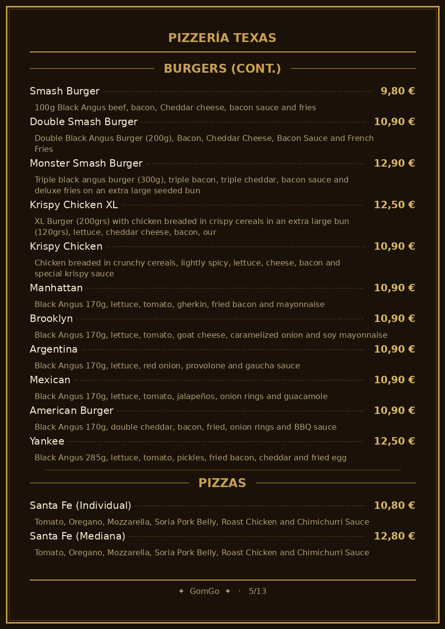 Folleto / Carta / Menú: Pizzas de Pizzería Texas