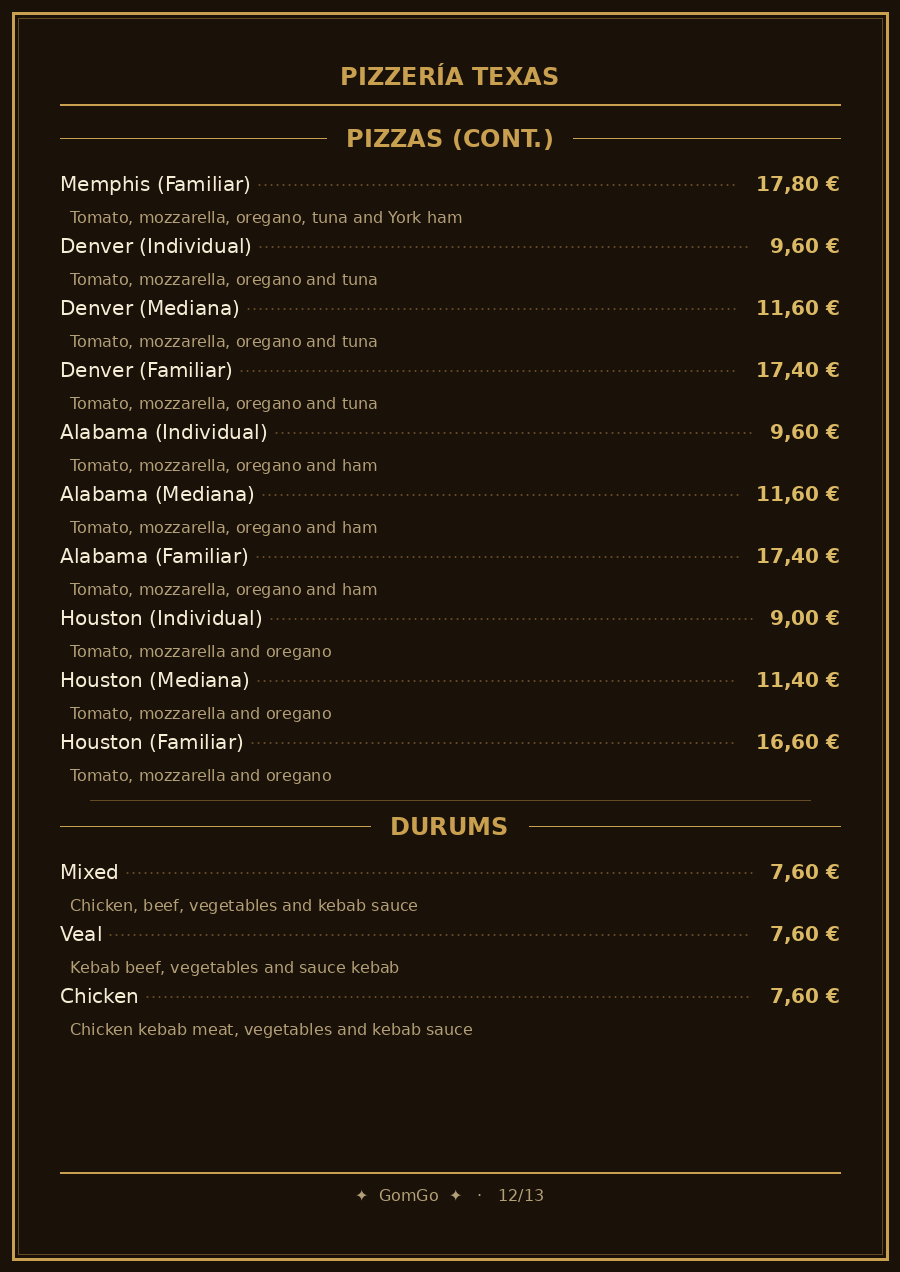 Folleto / Carta / Menú: Durums de Pizzería Texas