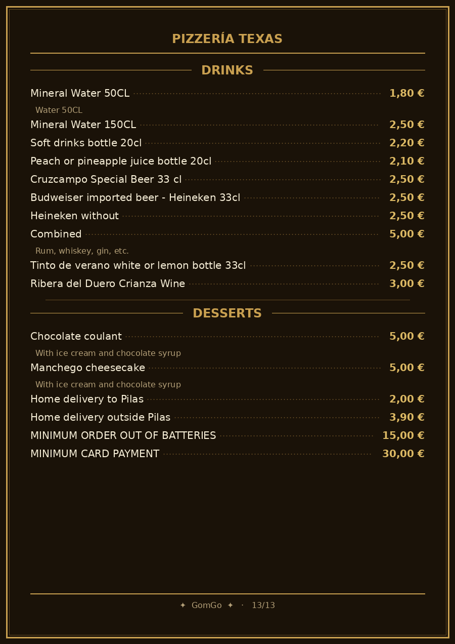 Folleto / Carta / Menú: Bebidas y postres de Pizzería Texas