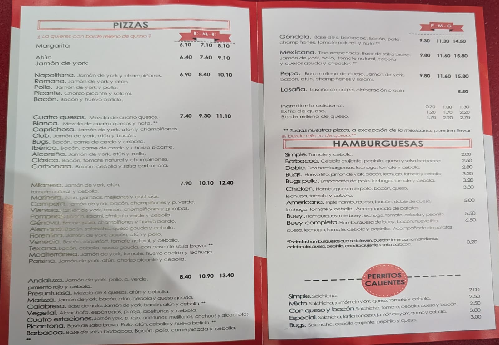 Folleto / Carta / Menú: Pizzas y hamburguesas de Bugs Burguer